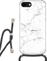 Hoesje met koord Geschikt voor iPhone 8 - Marmer print - Wit - Grijs - Luxe - Marmer printlook - Structuur - Siliconen - Crossbody - Backcover met Koord - Telefoonhoesje met koord - Hoesje met touw