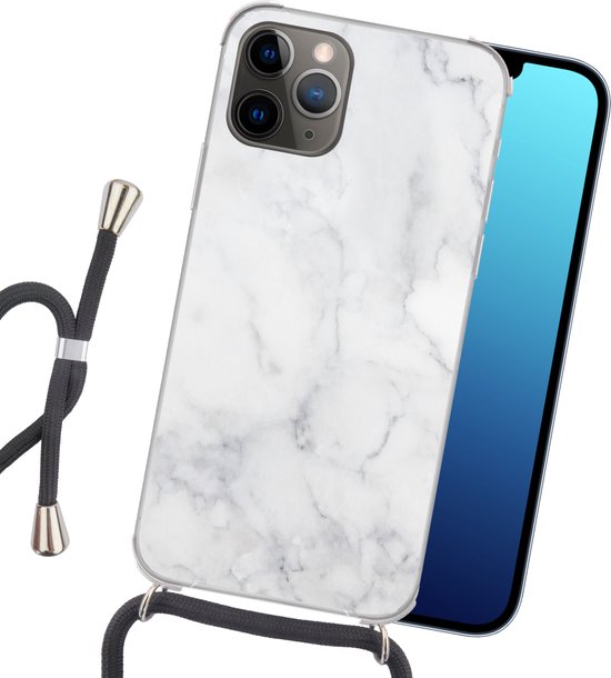 Coque avec cordon iPhone 11 Pro - Marbre - Wit - Grijs - Luxe - Aspect marbre - Pierre - Siliconen - Bandoulière - Coque arrière avec cordon - Coque pour téléphone avec cordon - Coque avec corde