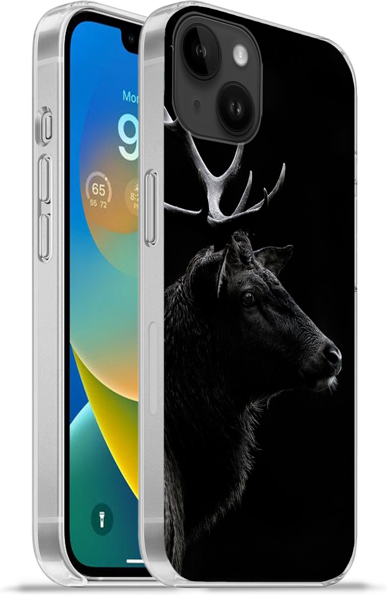 Telefoonhoesje Geschikt voor Apple Iphone 14 Plus hoesje - Hert - Zwart - Portret - Gewei - Dieren - Siliconen Telefoonhoesje Telefoonhoesje