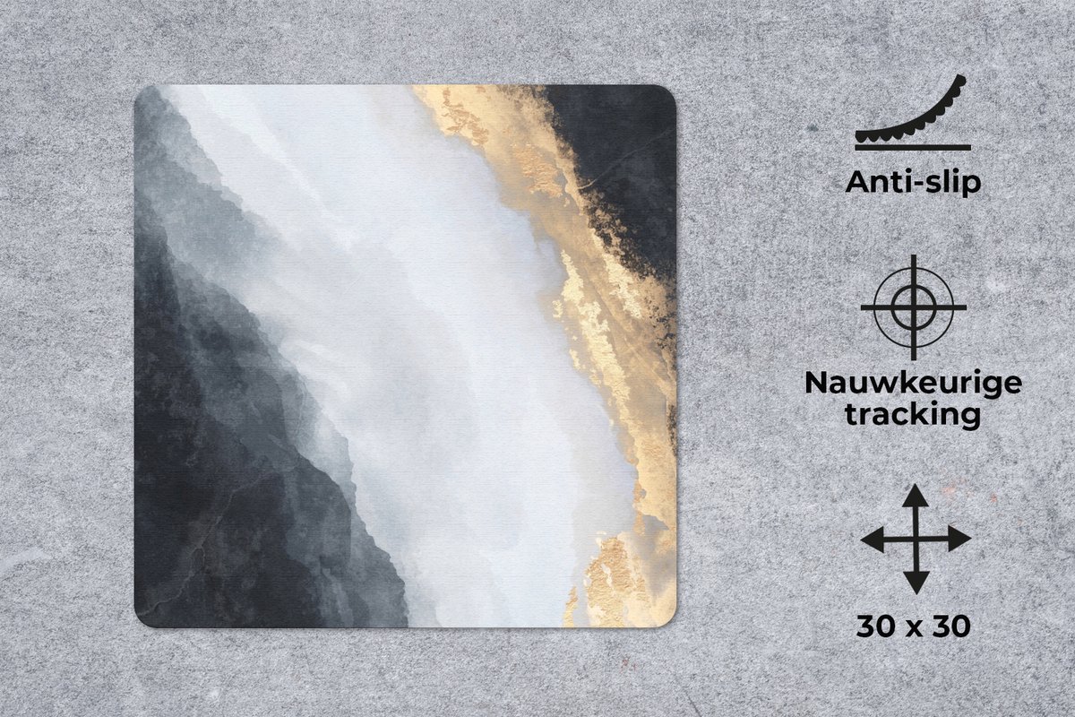 Muismat 30x30 cm - Mousepad Abstract - Verf - Goud - Zwart - Marmer print - Muismatten