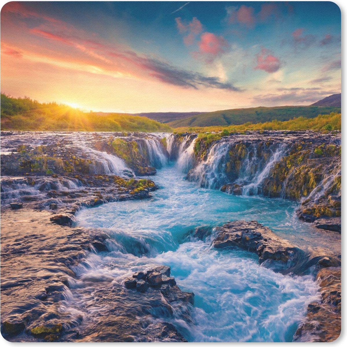 Muismat 20x20 cm - Mousepad Waterval - Planten - Mos - Landschap - Zonsondergang - Rots - Muismatten