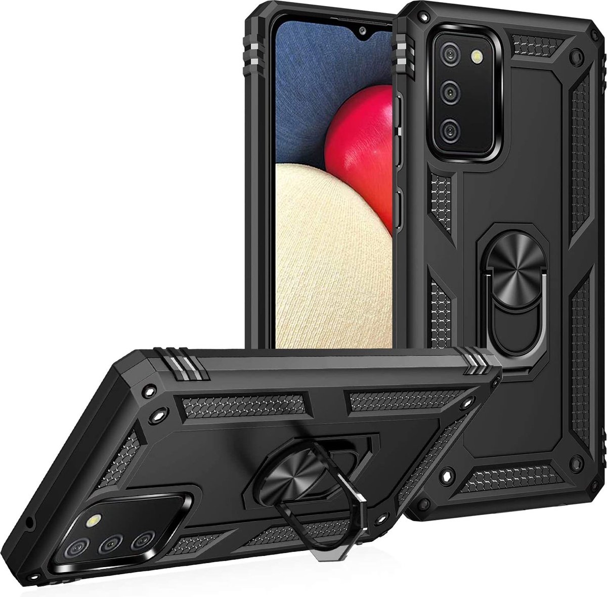 Anti-Shock Hybrid Ring Armor Hoesje Geschikt voor: Samsung Galaxy A02S - zwart