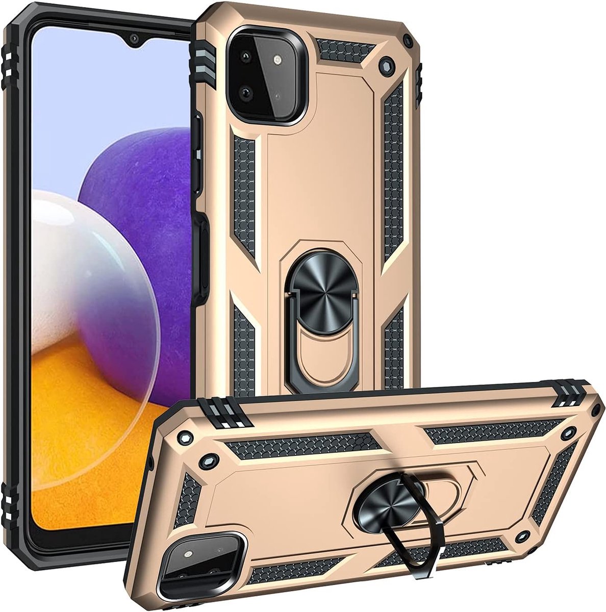 Anti-Shock Hybrid Ring Armor Hoesje Geschikt voor: Samsung Galaxy A22 5G - goud
