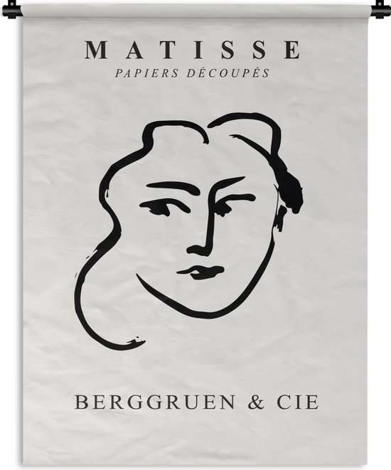 Wanddoek met Henri Matisse kunstwerk 'Papiers Découpés' op beige doek met zwarte ophangstang.