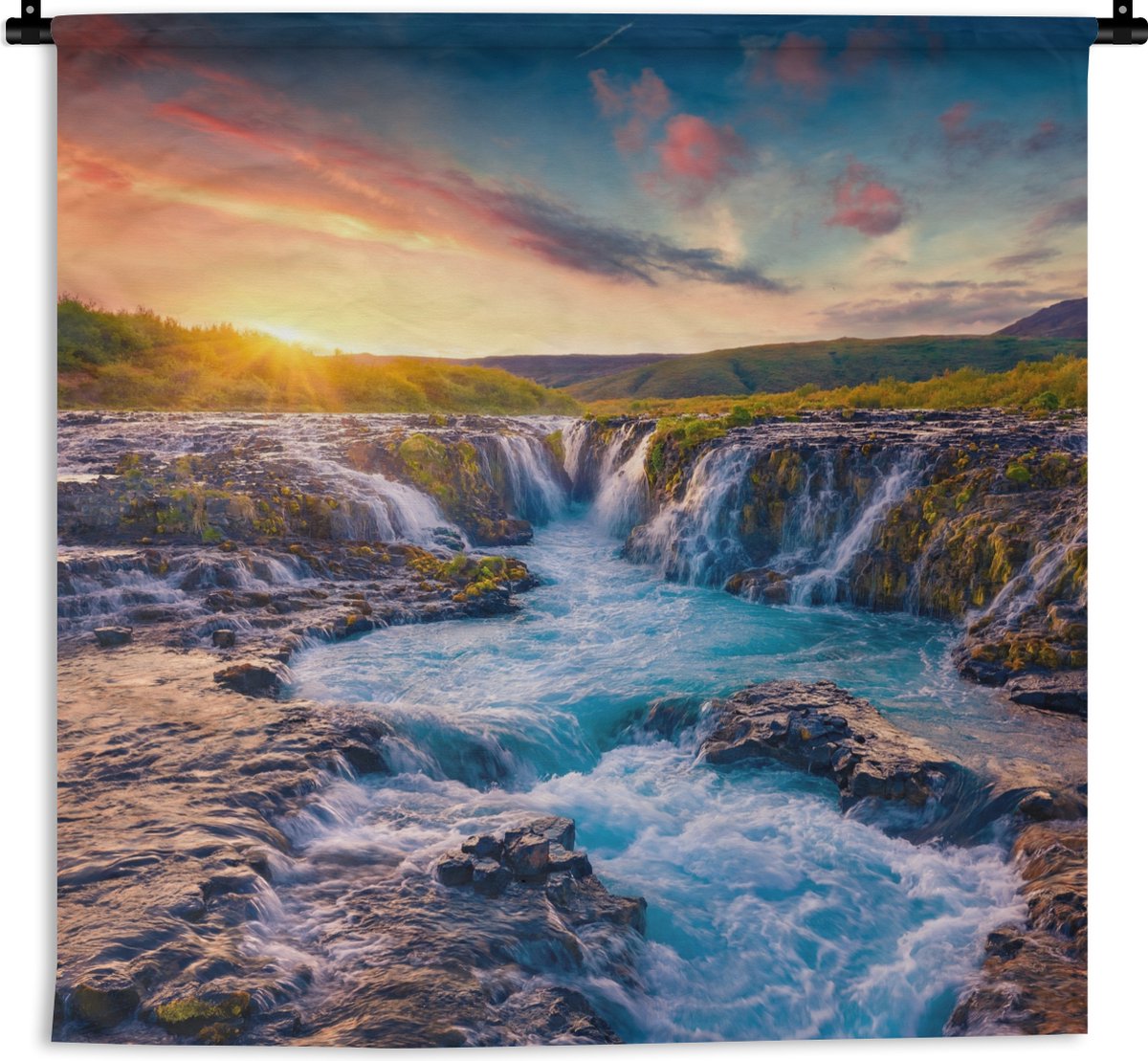 Wandkleed - Wanddoek - Waterval - Planten - Mos - Landschap - Zonsondergang - Rots - 90x90 cm - Wandtapijt