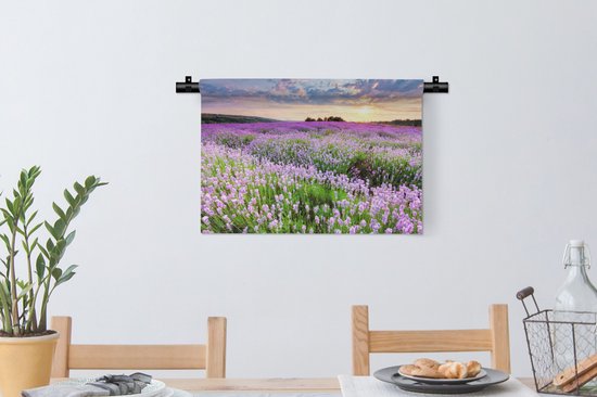 Tapisserie Champs de lavande - Champ de Lavande avec un ciel de feu Tapisserie coton 60x40 cm - Tapisserie avec photo