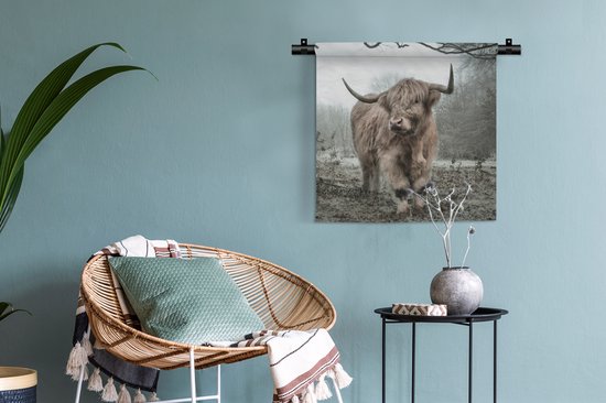 Tenture murale - Tissu mural - Scottish Highlander - Forêt - Brouillard - 60x60 cm - Tapisserie