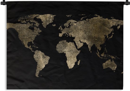 Wandkleed - Wanddoek - Wereldkaart - Goud - Zwart - Aarde - Luxe - 180x135 cm - Wandtapijt