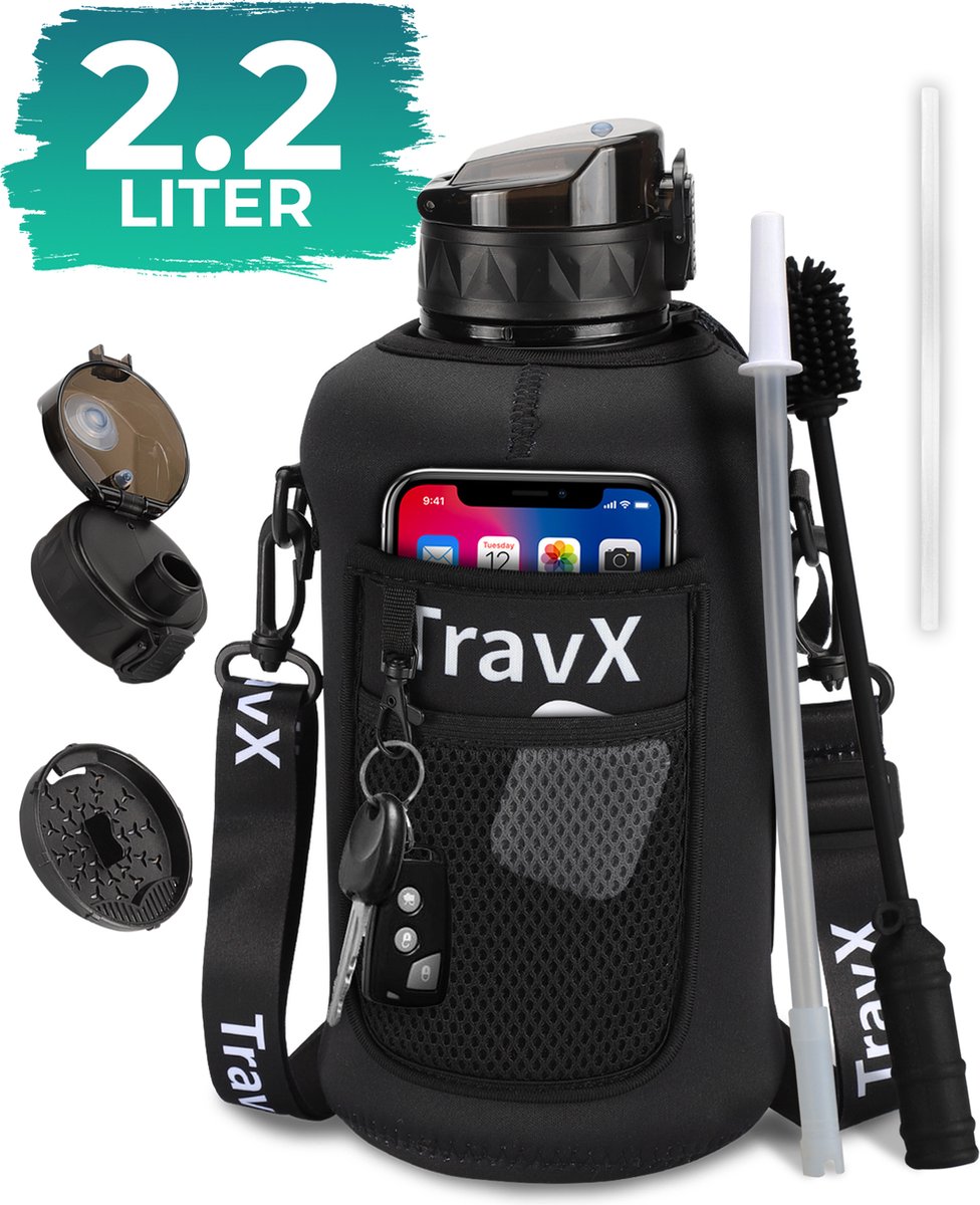 TravX 2.2 Liter Drinkfles met Rietje - 2 Liter Waterfles - Waterjug / Bidon - Volwassenen - Motivatie - Zwart