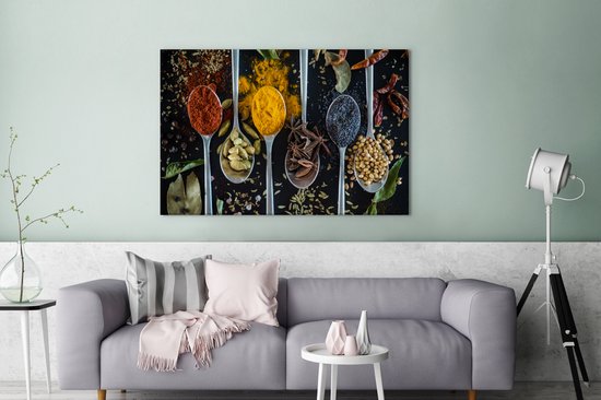 Tableau sur toile Herbes - Cuillère - Épices - Zwart - Cuisine - 140x90 cm - Décoration murale