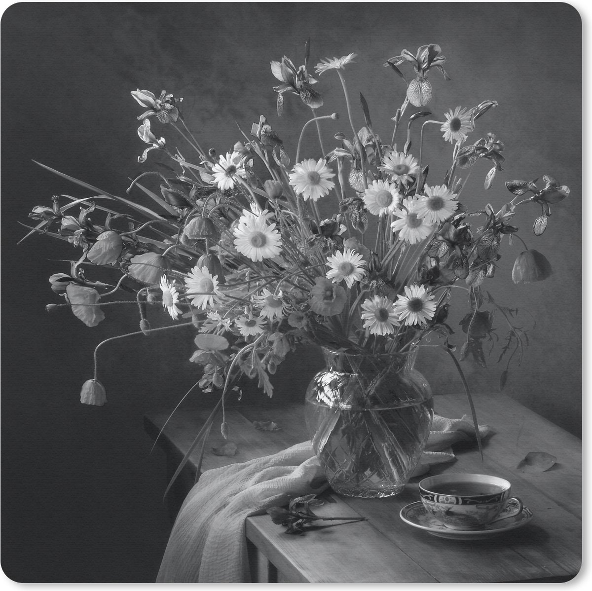 Muismat 20x20 cm - Mousepad Boeket - Bloemen - Olieverf - Stilleven - Zwart - Wit - Muismatten