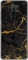 Geschikt voor Xiaomi Redmi 9 hoesje - Marmer print - Goud - Zwart - Marmer printlook - Luxe - Glitter - Siliconen Telefoonhoesje