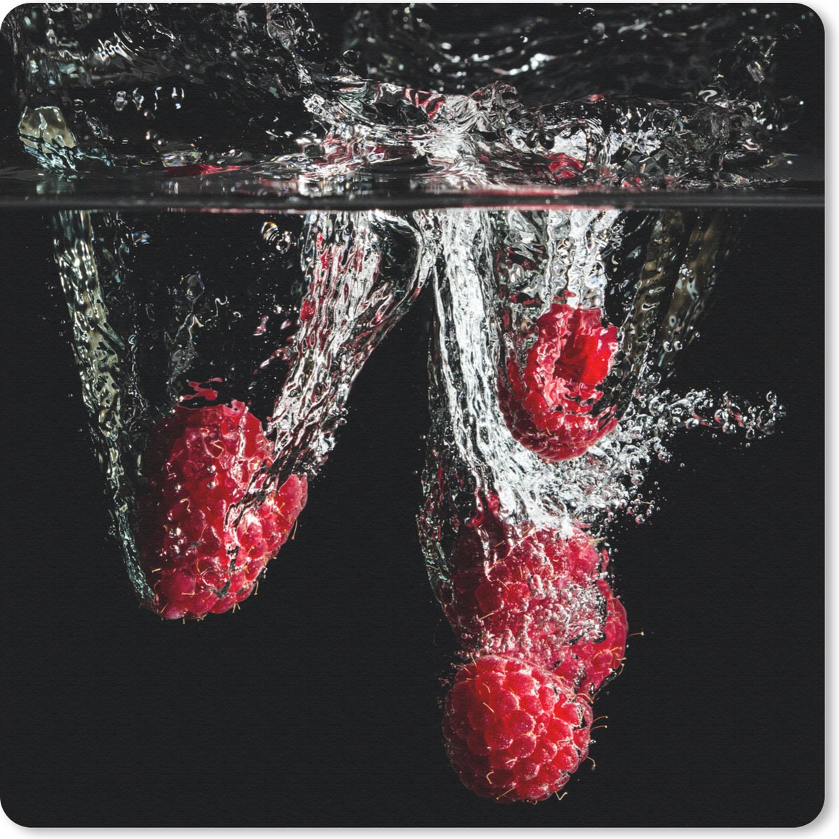 Muismat 20x20 cm - Mousepad Frambozen - Fruit - Stilleven - Water - Zwart - Rood - Muismatten