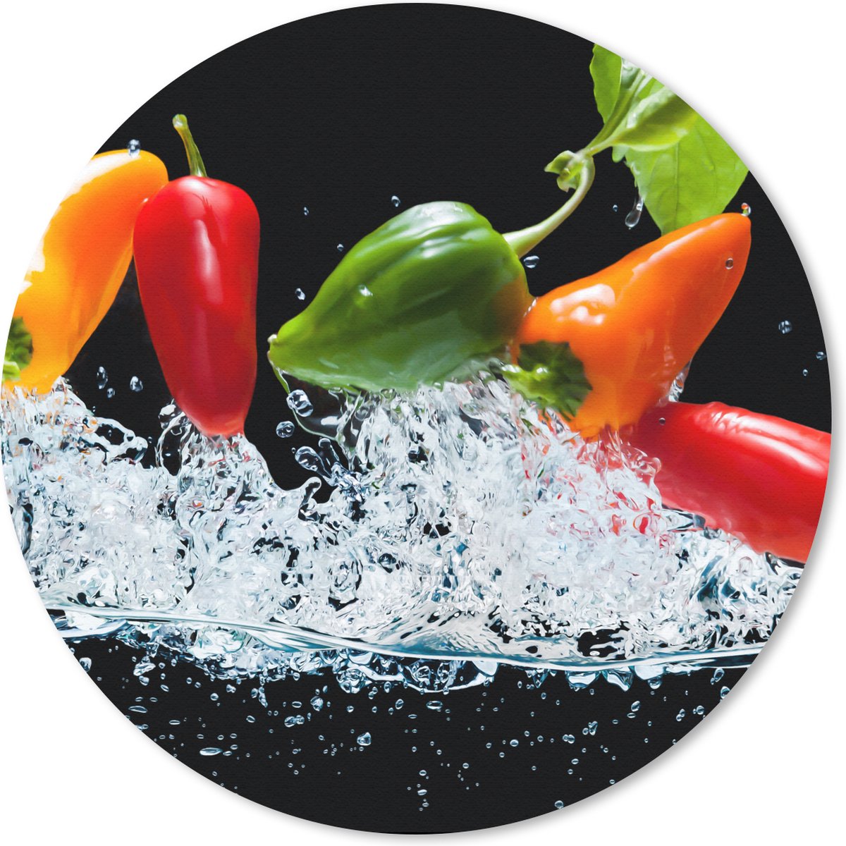 Muismat rond 50x50 cm - Mousepad Pepers - Zwart - Groenten - Water - Blad - Ronde muismatten