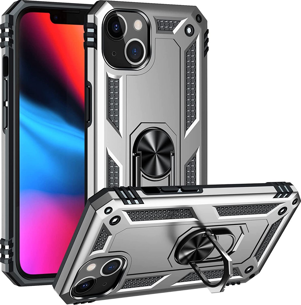 Anti-Shock Hybrid Ring Armor Hoesje Geschikt voor: iPhone 13 - zilver