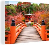 Toile - Tableau - Pont - Pagode - Japon - Rouge - Érable du Japon - Peintures sur toile - Photo sur toile - 80x60 cm - Décoration murale