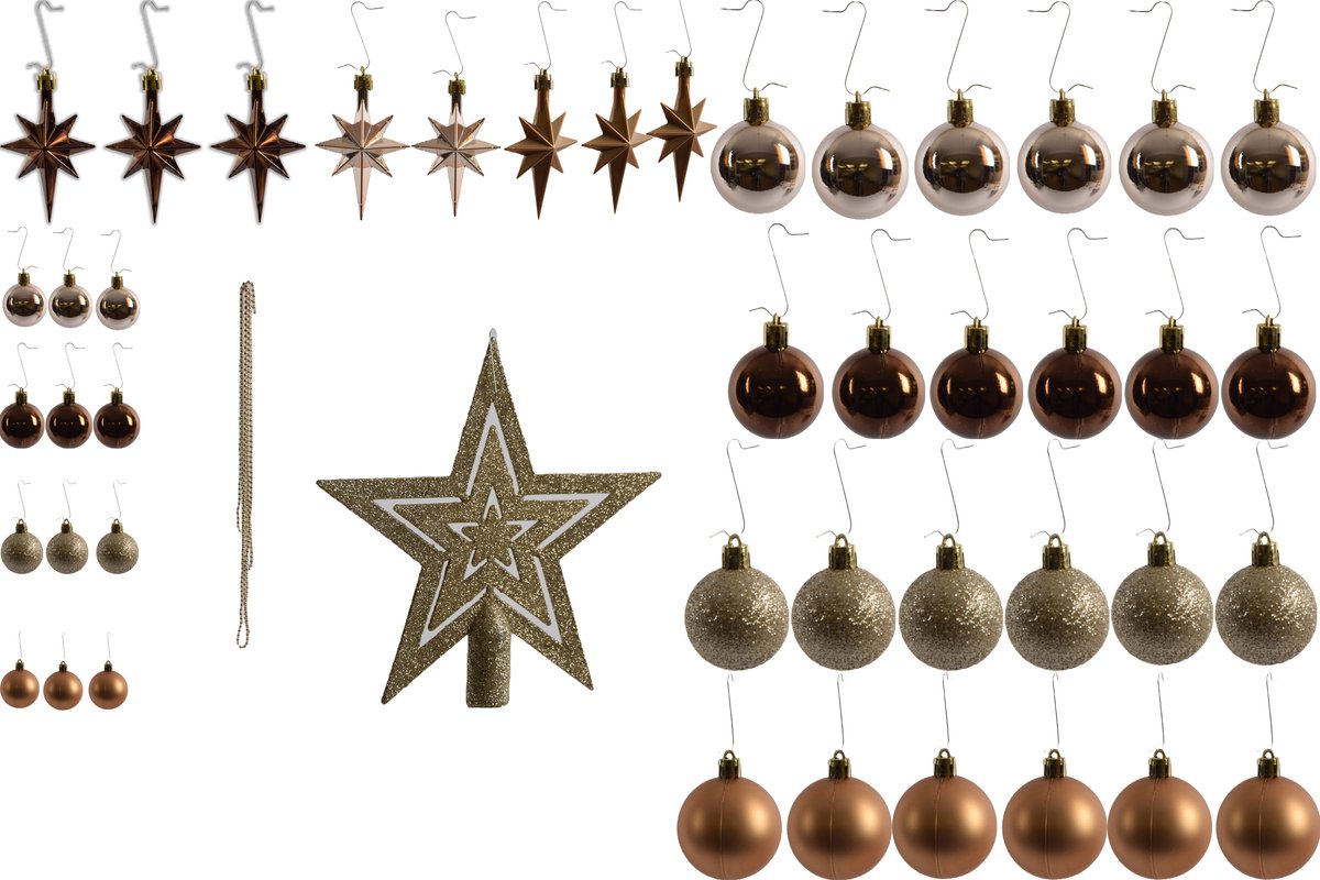 Kleine Kerstballen met 50 Kerstbalhaakjes 3-4cm 44-delig |decoratie met en piek goud bruin met glitters ketting |kunststof kerstbal