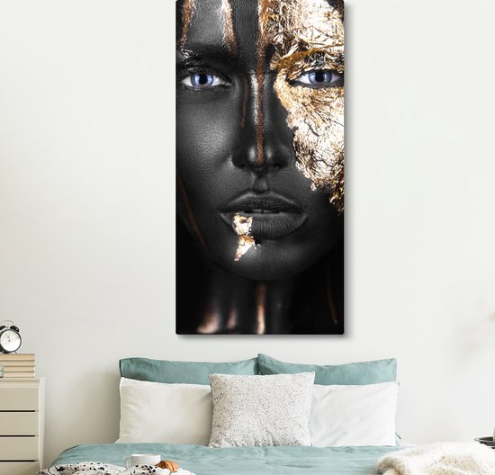 Toile Peinture Femme - Feuille d'Or - Zwart - Or - Luxe - 80x160 cm - Décoration murale