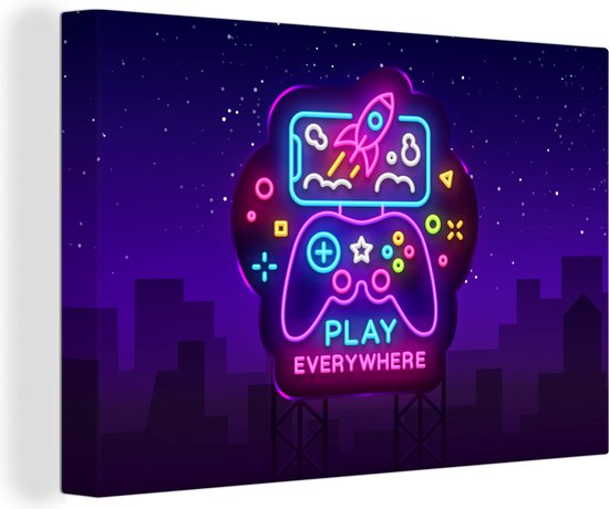 Canvas Schilderij Gaming - Neon - Play - Blauw - Nacht - Controller - 90x60 cm - Wanddecoratie - Game Kamer