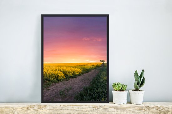 Fotolijst incl. Poster - Bloemen - Weg - Lucht - Geel - Paars - Zonsondergang - Natuur - 30x40 cm - Posterlijst