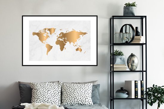 Poster in lijst - Fotolijst 120x80 cm - Posters - Wereldkaart - Goud - Marmerlook - Luxe - Design - Posterlijst zwart - Decoratie - Wanddecoratie woonkamer - Muurdecoratie slaapkamer