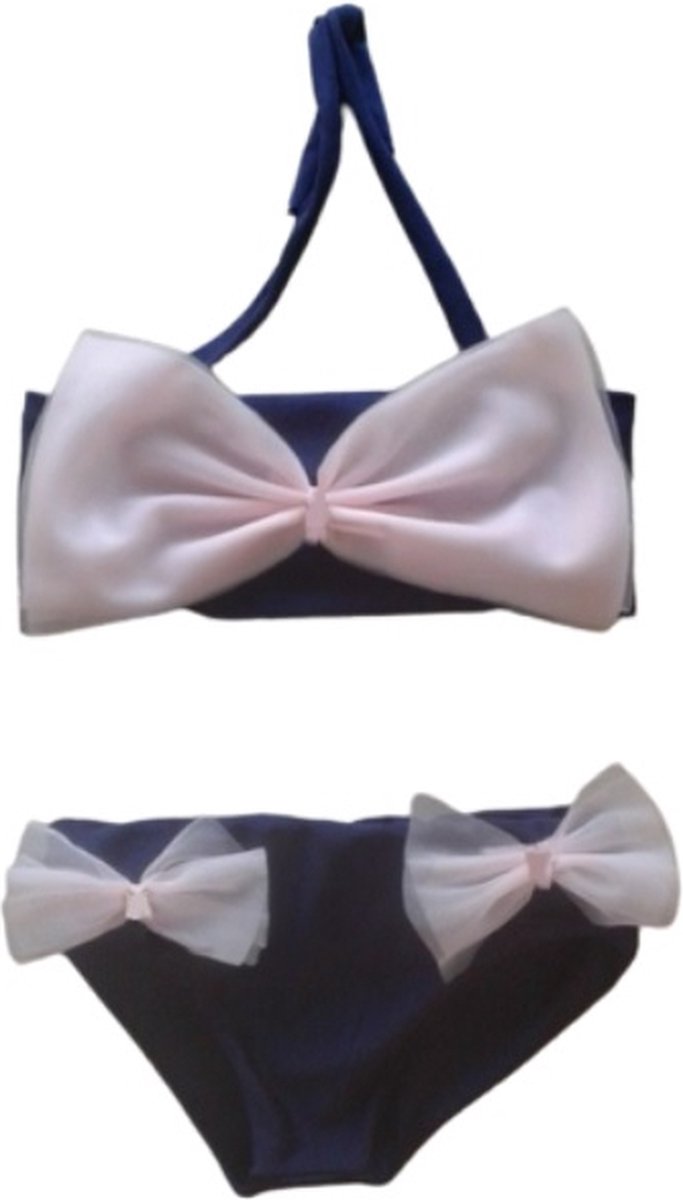 Maat 128 Bikini blauw Baby en kind donkerblauw zwemkleding roze strik