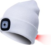 Witte herlaadbare LED BEANIE MUTS met wit licht vooraan en rood licht achteraan, uw garantie voor veiligheid en comfort
