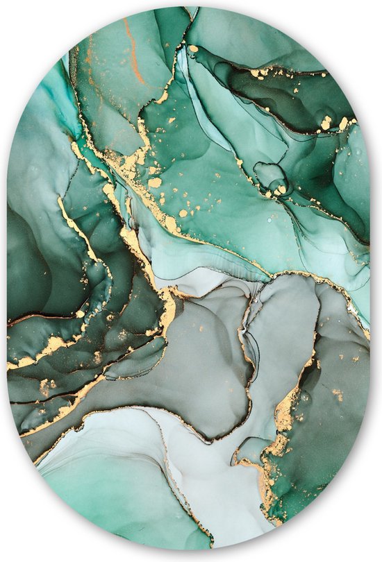 Muurovaal - Wandovaal - Kunststof Wanddecoratie - Ovalen Schilderij - Goud - Marmer - Groen - Luxe - Marmerlook - Grijs - 80x120 cm - Ovale spiegel vorm op kunststof