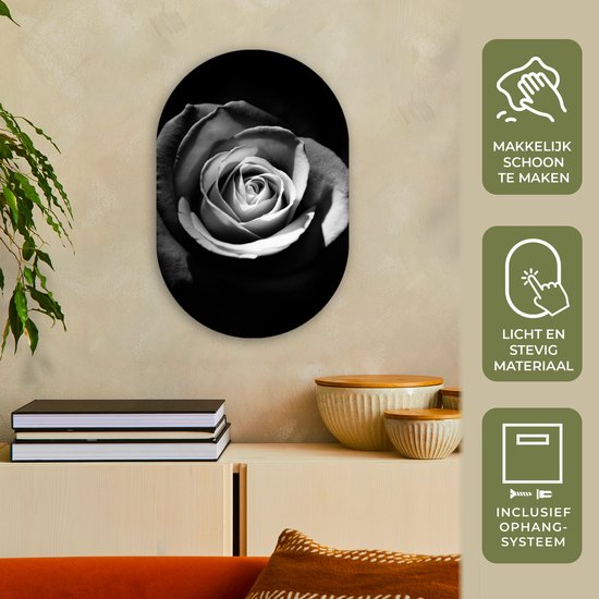 Ovale Mural - Ovale Mural - Décoration murale Murale Plastique - Peinture Ovale - Fleurs - Zwart - Rose - Wit - Botanique - 40x60 cm - Forme miroir ovale sur plastique