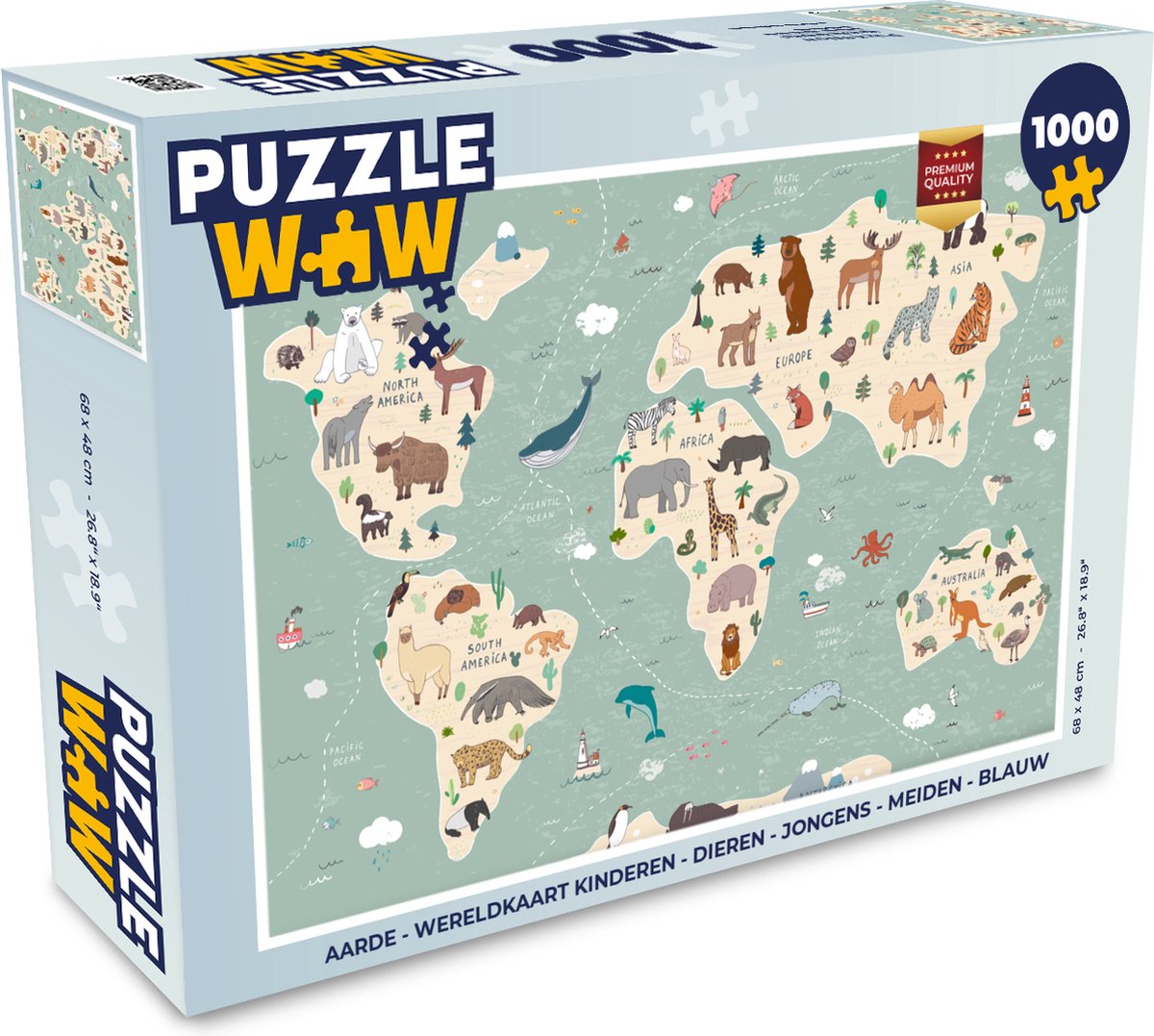 Puzzel Aarde - Wereldkaart kinderen - Dieren - Jongens - Meiden - Blauw - Legpuzzel - Puzzel 1000 stukjes volwassenen