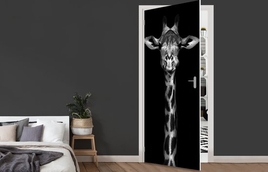 Sticker pour porte Girafe - Portrait - Animaux - Zwart - Wit - 90x215 cm - Affiche de porte