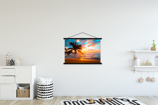 Porte-affiche avec affiche - Affiche scolaire - Palmier - Coucher de soleil - Horizon - Plage - Mer - Tropical - 90x60 cm - Lattes noires