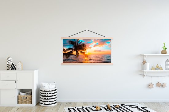 Porte-affiche avec affiche - Affiche scolaire - Palmier - Coucher de soleil - Horizon - Plage - Mer - Tropical - 150x75 cm - Lattes transparentes