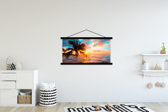 Porte-affiche avec affiche - Affiche scolaire - Palmier - Coucher de soleil - Horizon - Plage - Mer - Tropical - 120x60 cm - Lattes noires