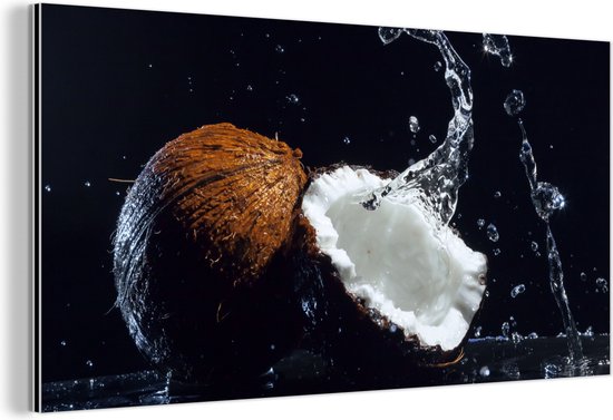 Wanddecoratie Metaal - Aluminium Schilderij Industrieel - Kokosnoot - Stilleven - Water - Zwart - Fruit - 120x60 cm - Dibond - Foto op aluminium - Industriële muurdecoratie - Voor de woonkamer/slaapkamer