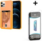ShieldCase Shock case met pashouder geschikt voor Apple iPhone 12 Pro Max - 6.7 inch - Oranje + glazen Screen Protector