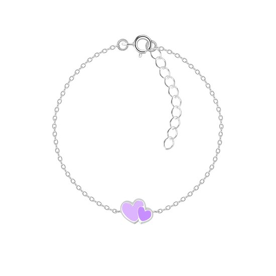 Joy|S - Zilveren hartje armband - 2 hartjes lila paars - 14 cm + 3 cm - voor kinderen