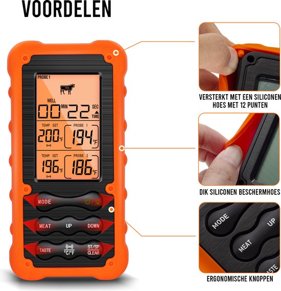 Gedetailleerde oranje vleesthermometer met ergonomische knoppen en een siliconen hoes.