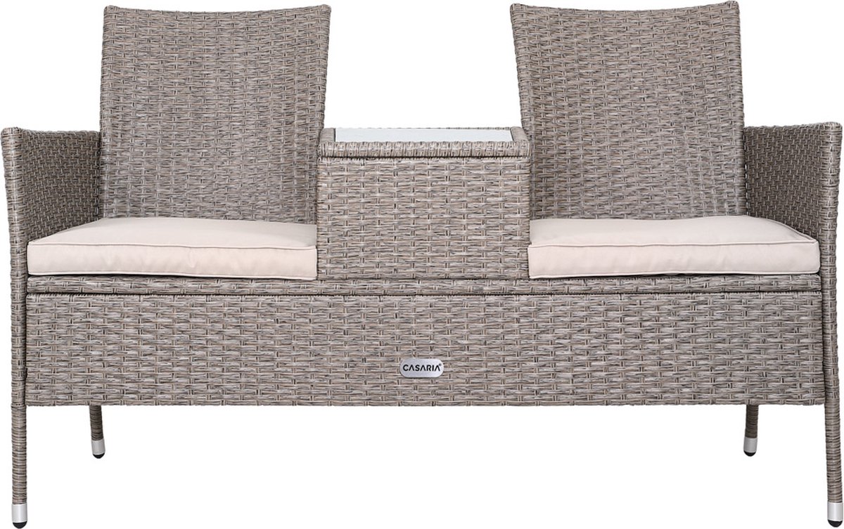 Casaria Polyrattan Tuinbank – Incl. Kussen en Tafel 145x58x87 cm – Beige