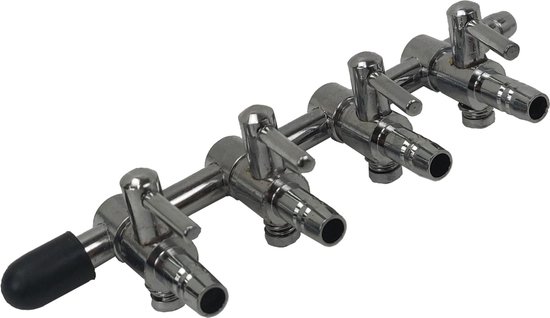 Verdeelkraan Verchroomd 4 Voudig -Kraan - Slang - Luchtslang - Lucht - Luchtslangen - Vijverbeluchtingen - Vijver Beluchtingen