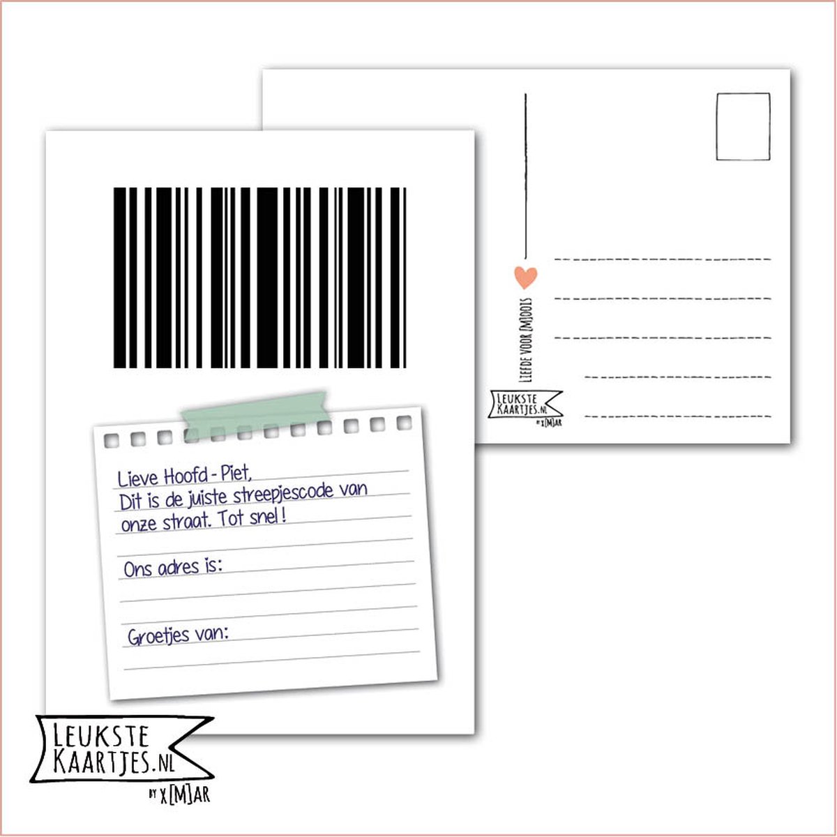 Kaart Sinterklaas - Streepjescode - No: 01 (Lieve Hoofd-Piet - Sinterklaas journaal - Naam en Straatnaam-Wit) - LeuksteKaartjes.nl by xMar