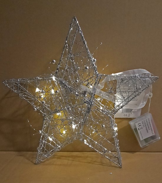 Star-max Kerstster - Draadster- 30cm- Zilver/glitter/parels met 20 warm witte LEDs