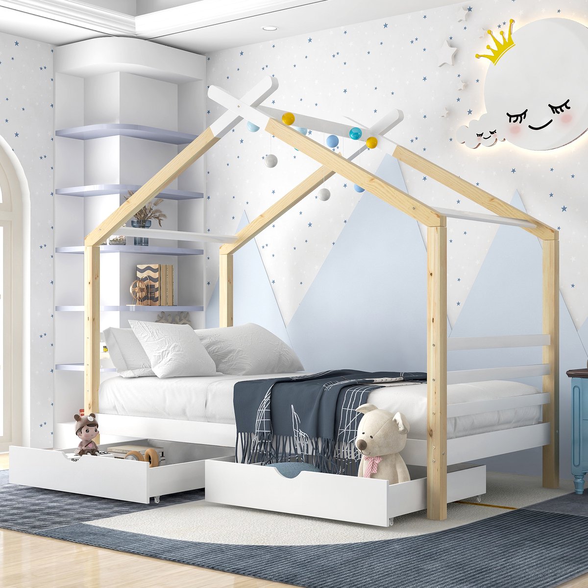 Kinderhuisbed met 2 lades - massief hout met lattenbodem - grenen huisbed met dak - wit + houtkleur (90x200cm)