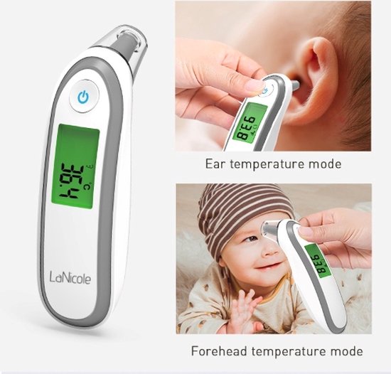 LaNicole®-Infrarood- oor-voorhoofd-thermometer-Grijs kleur-Koortsthermometer-kinderen-baby- volwassen