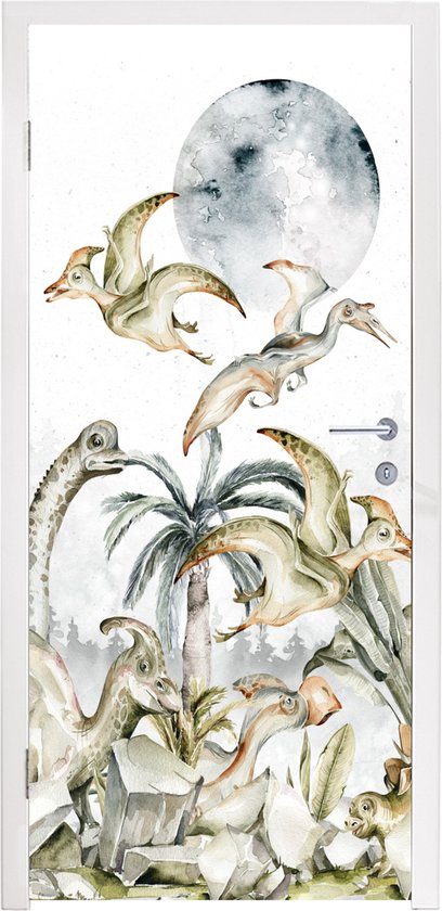 Deursticker kinderkamer - Stickers voor kinderen - Dinosaurus - Kinderen - Jungle - Groen - Dieren - Natuur - 90x205 cm - Kinderkamer decoratie - Wanddecoratie