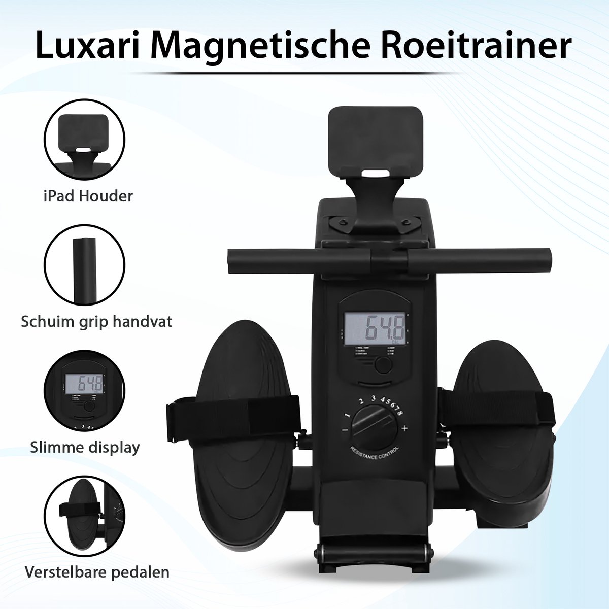 Afbeelding 2 van Luxari - Roeitrainer Pro - Magnetische weerstand - 8 weerstandsniveaus - Telefoon houder - Roeiapparaat voor thuis - Geruisloos - Display