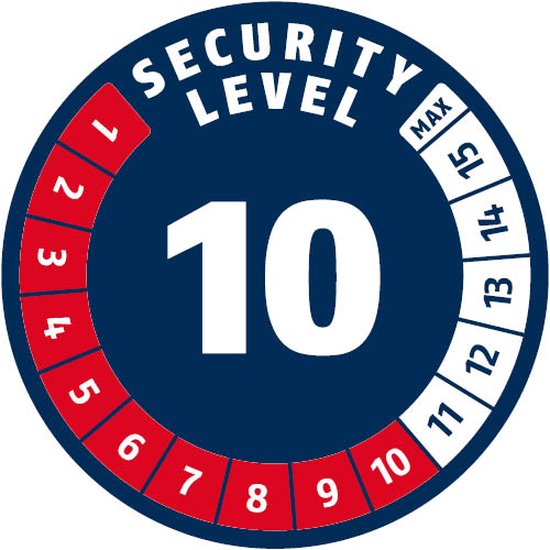 Ronde sticker met de tekst 'SECURITY LEVEL 10' in wit op een donkerblauwe achtergrond met rode en witte cijfers.