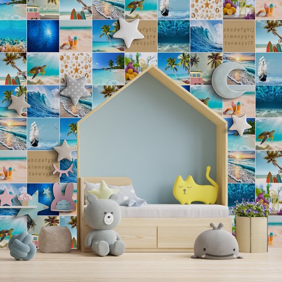 Plaktegels - Zelfklevende Tegels - 15x15 cm - Ulticool - Strand Zee Aquarium Surfplank Hout Schelpen Zand Decoratie - 15 stuks - Decoratie Sticker Tegels - Plakfolie Tegelstickers - Achterwand voor de Muur Badkamer - Keukenwand Keuken - Sticktiles