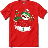 Merry Christmas vrolijke sneeuwpop - T-Shirt - Heren - Rood - Maat L
