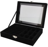 Sieradendoos Fluweel - Kist met Venster - 20x15x4,5 cm - Zwart